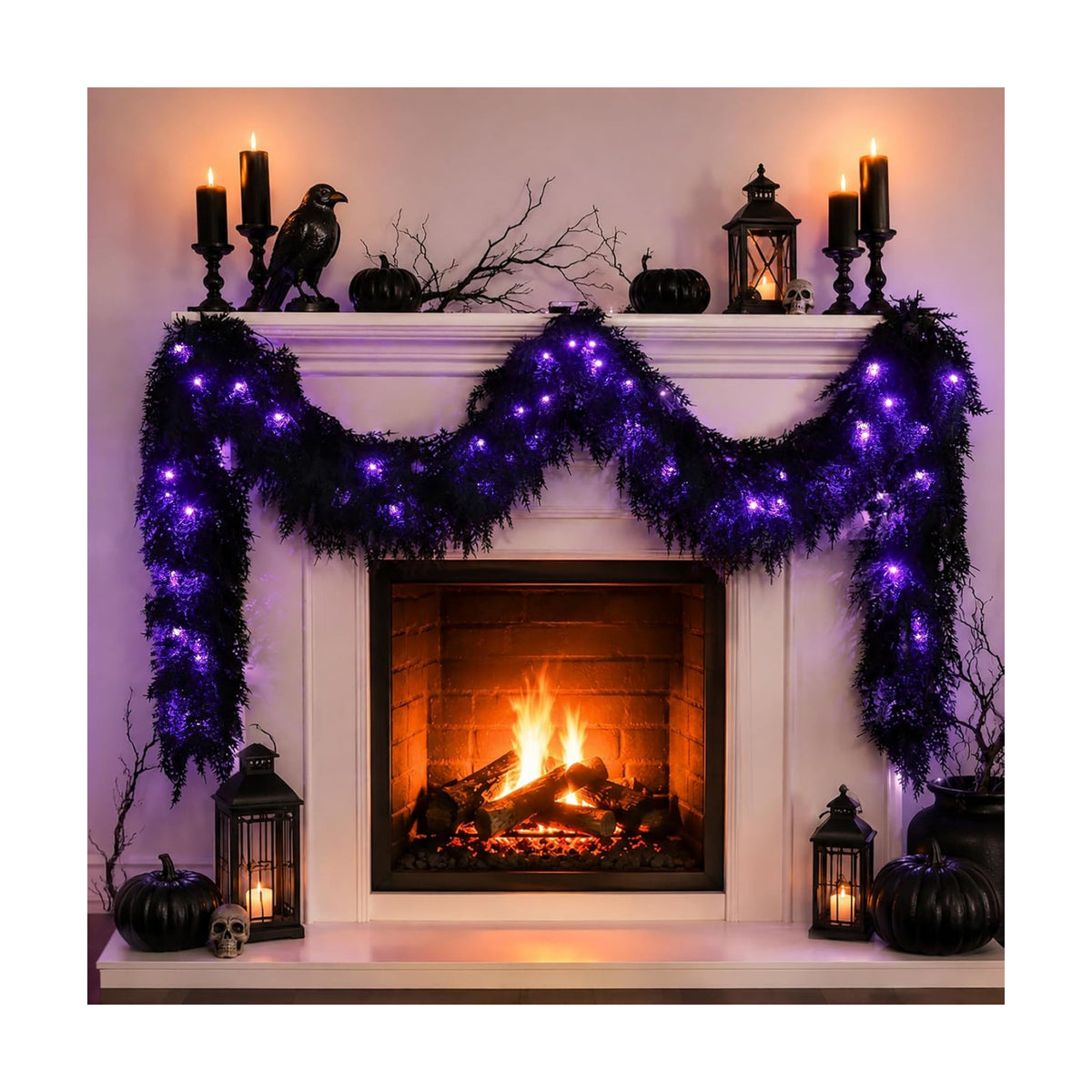 9FT Black Halloween Garland with Lights Realistic Prelit Christmas Garland