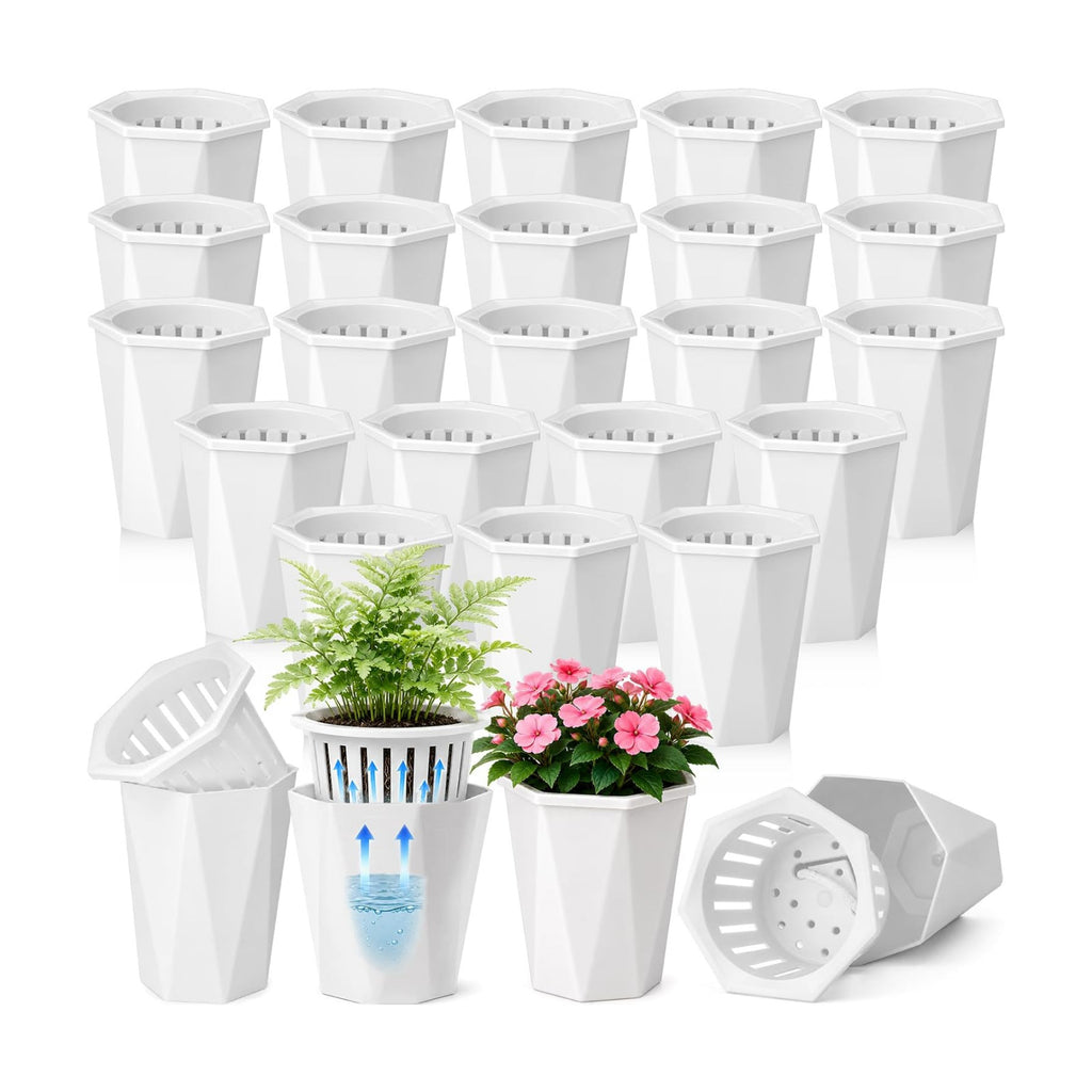 24 Pcs 4" Self Watering Pots for Indoor Plants Plastic Mini Self Water Pots Bulk White Small Flower Planter with Inner