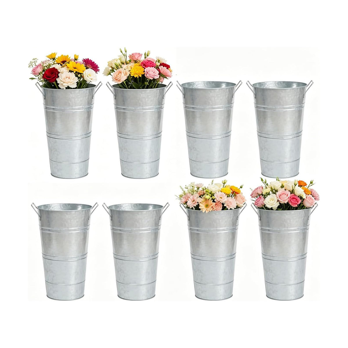 Galvanized Metal French Flower Bucket Vases, 10 Inch, 8 Pack