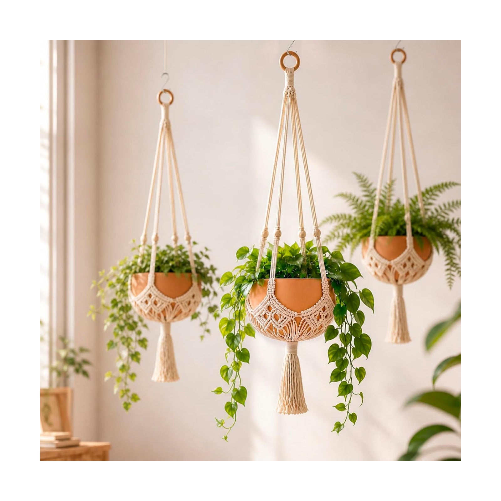 Shappy 3 Pack Boho Macrame Plant Hanger for Indoor | Large Hanging Planter Plant Holder Pot Hanger Hanging Basket Wall