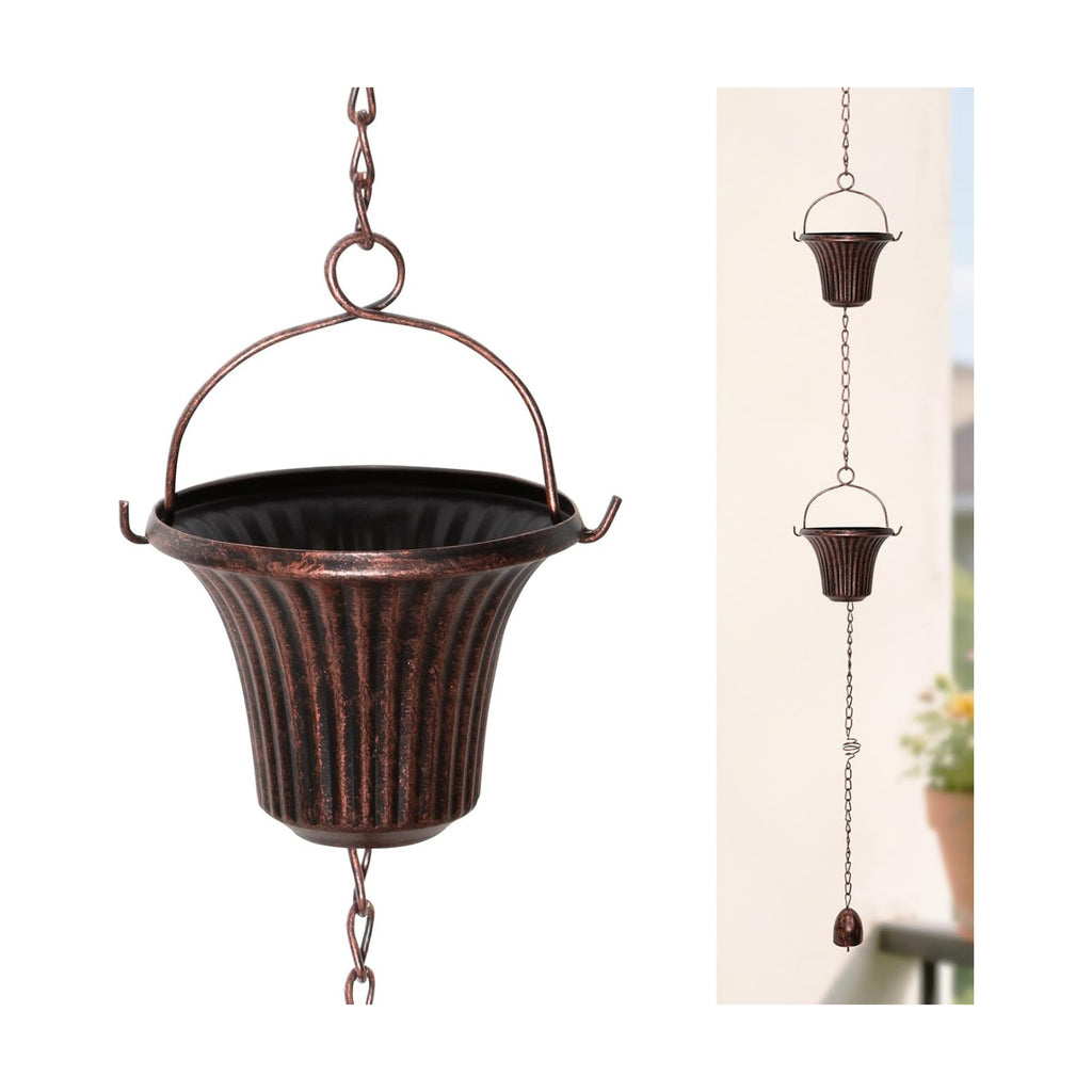 12.4FT Rain Chain for Gutters and Outdoor Drainage with 12 Cups | Iron Red Copper Cup Design, Adjustable Length, Easy