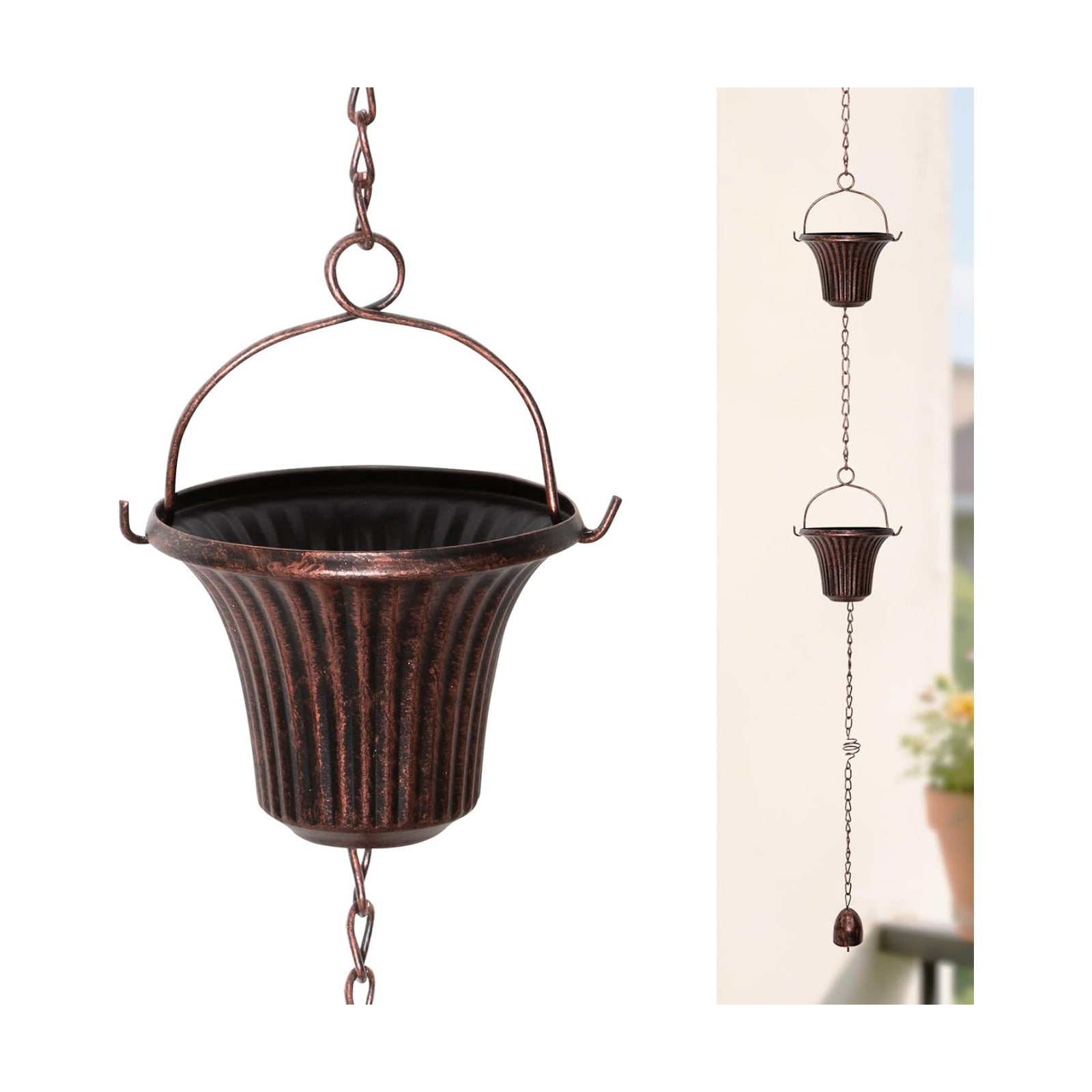 12.4FT Rain Chain for Gutters and Outdoor Drainage with 12 Cups | Iron Red Copper Cup Design, Adjustable Length, Easy