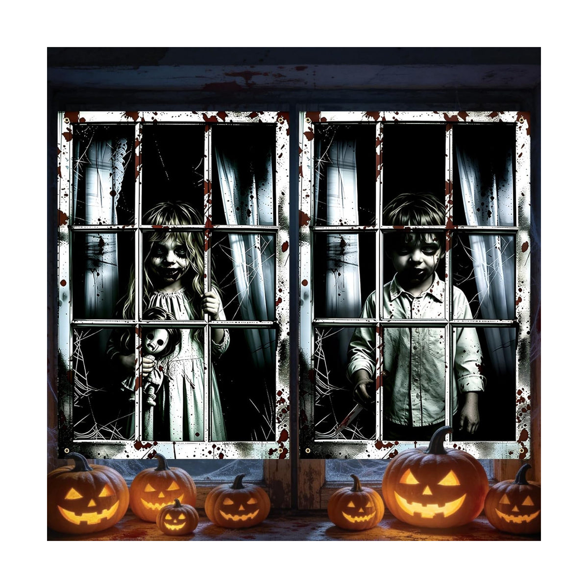 2 Pack Halloween Window Curtain Cover – Scary Creepy Kids Window Poster 47 × 31.5 Inches Haunted House Window Decorations for Halloween Party Indoor Outdoor Wall Door Décor