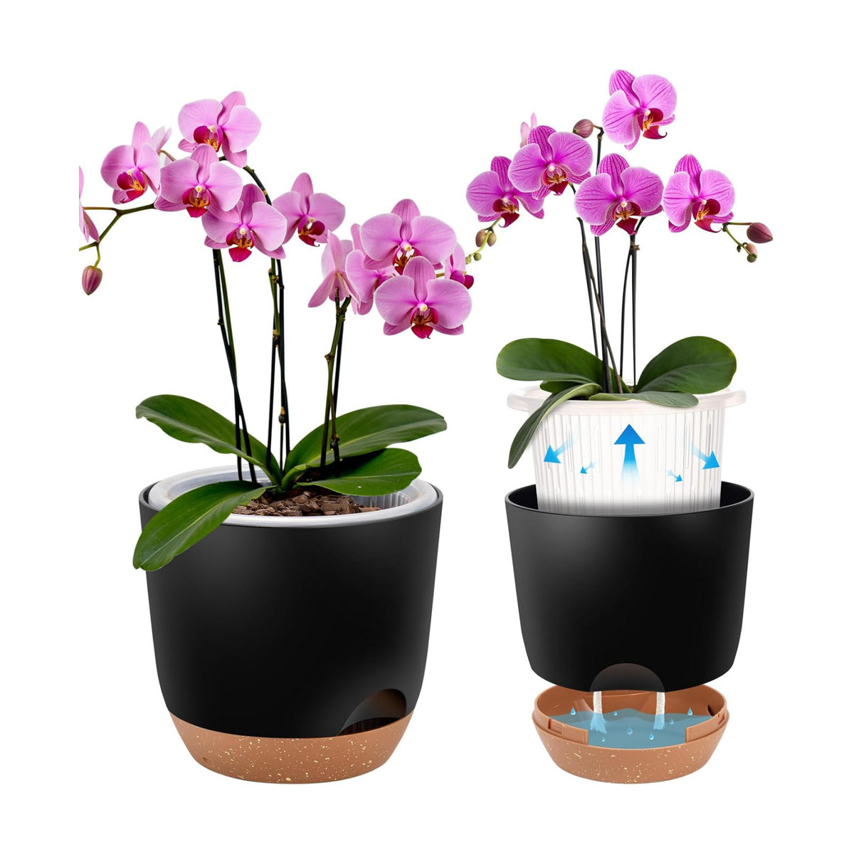 3Packs 7.2 Inch Self Watering Orchid Pots for Indoor Plants,Macetas para Orqudeas,Flower Pots for Indoor Plants with Holes（Black）