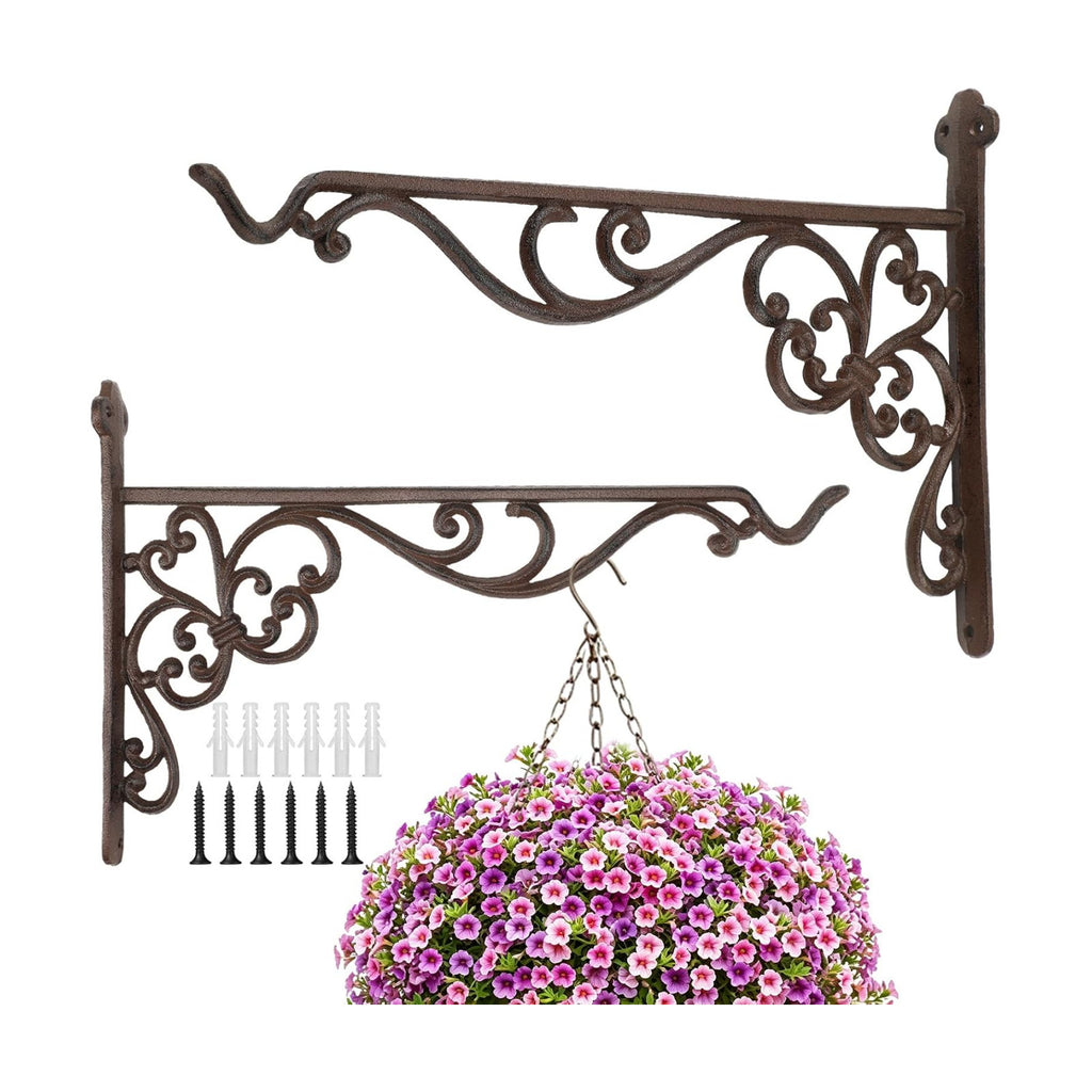 Landhoow 2 Pcs 15.6" Large Cast Iron Hanging Outdoor Wall Hanger Rust Brown Heavy Duty Basket Hook Braces Vintage