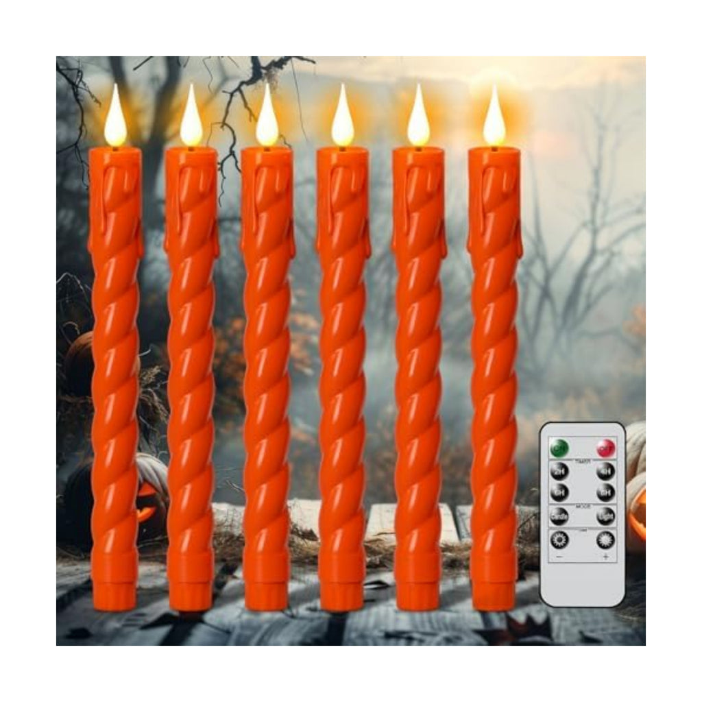 Orange Flameless Taper Candles Battery Operated with Remote Timer