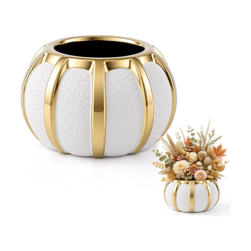Beeveer 3.7 Inch Ceramic Pumpkin Vase, White and Gold Striped Flower Vase