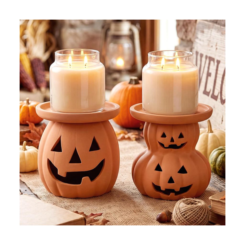 Tioncy 2pcs Halloween Decor Terracotta Jack O Lantern Pumpkin Candle Holder