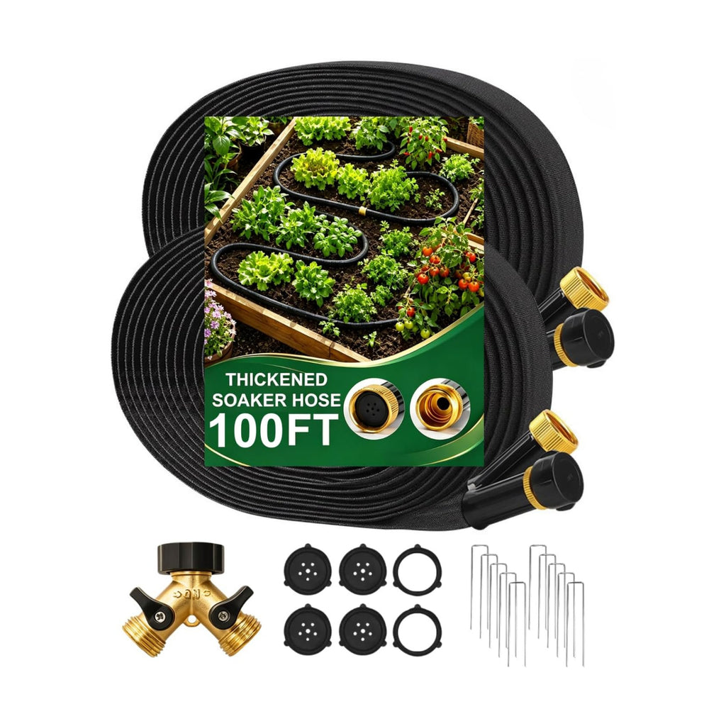 Bluepro Flat Soaker Hose, 100 ft Drip Irrigation Hose with Brass Splitter | 10 Metal Stakes, Save 80% Water, 1 mm