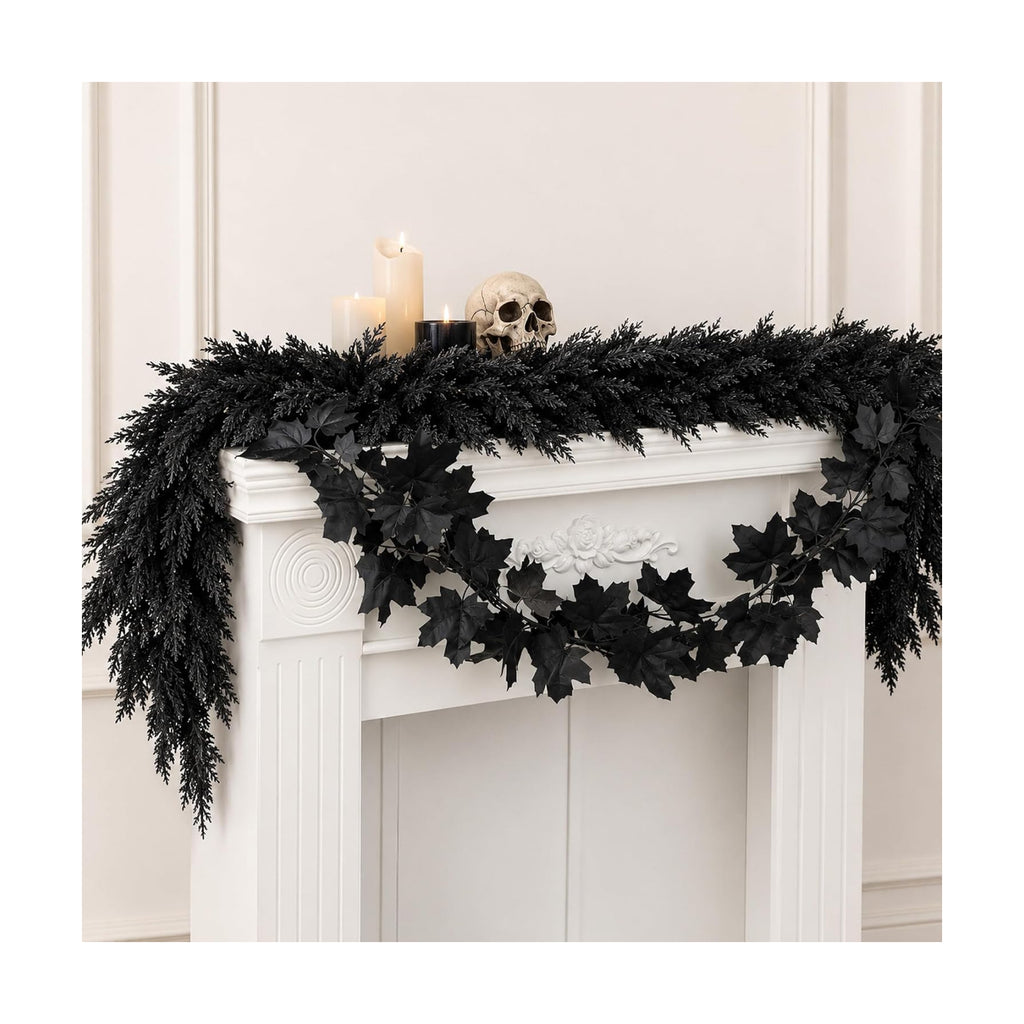 2 Pcs Black Halloween Cedar Garland with Maple Leaf Vine