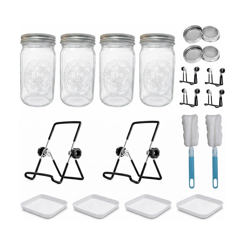 4 Large 1000ML Wide Mouth Mason Jar Sprouting Kit, with Stainless Steel Stand, Drain Tray & Cleaning Brush, High