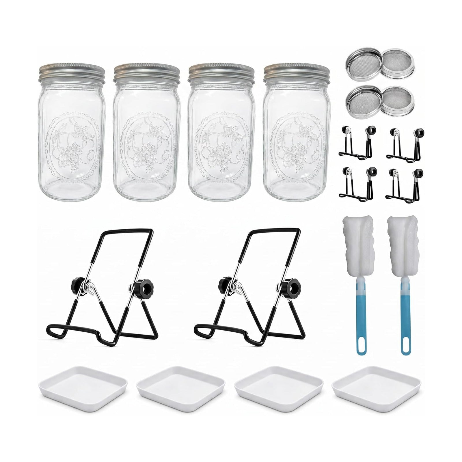 4 Large 1000ML Wide Mouth Mason Jar Sprouting Kit, with Stainless Steel Stand, Drain Tray & Cleaning Brush, High