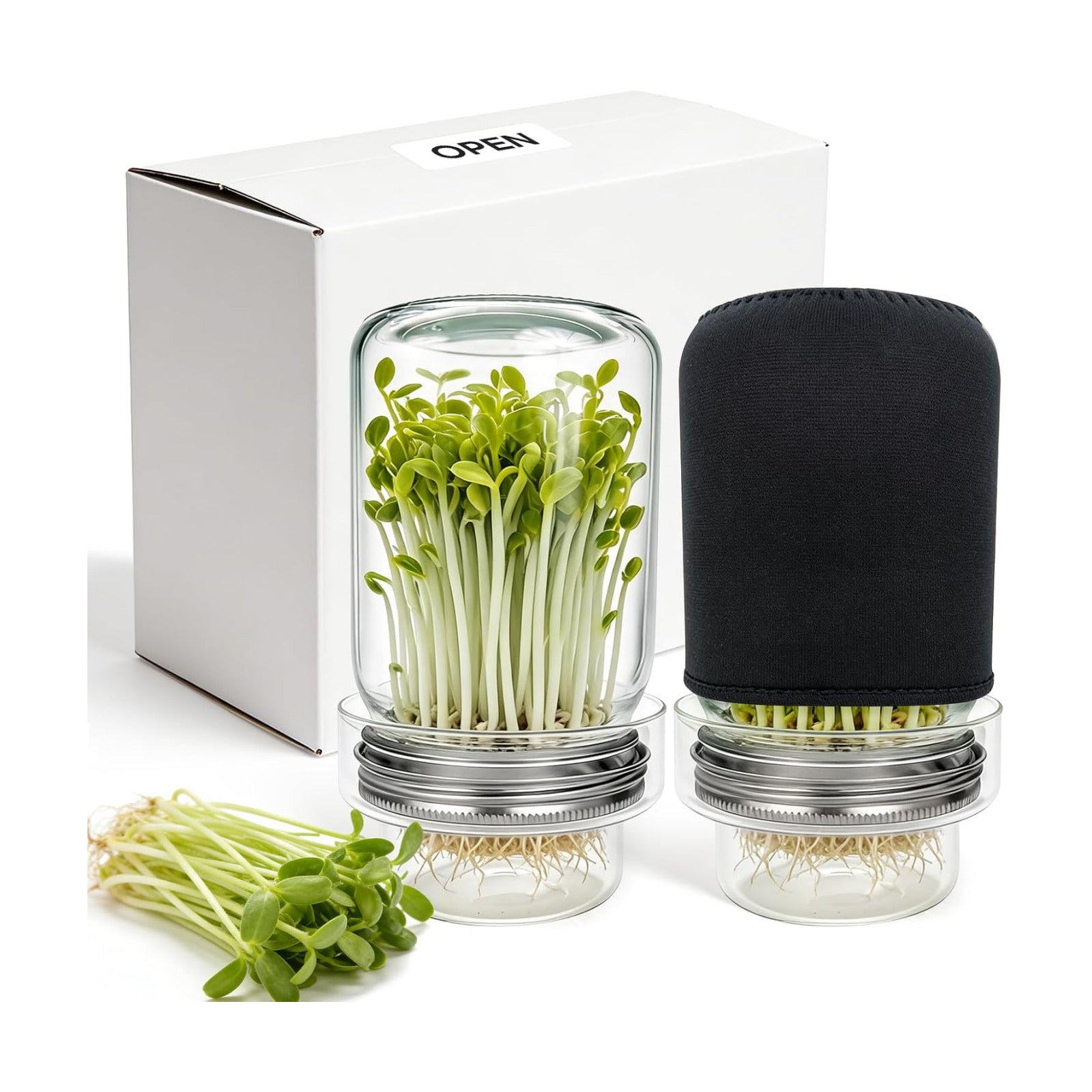 1000ml Sprouting Kit - 2 Sprouting Jar Kits, Wide Mouth Quart Mason Jars with Sprout Lids, Blackout Sleeves, Drain