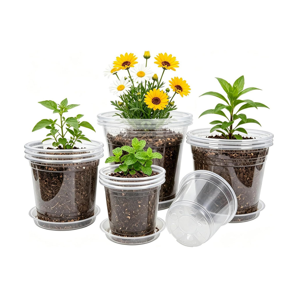 4/5/6/7 Inch 20 Pack Clear Plastic Nursery Pots with Drainage and Saucer