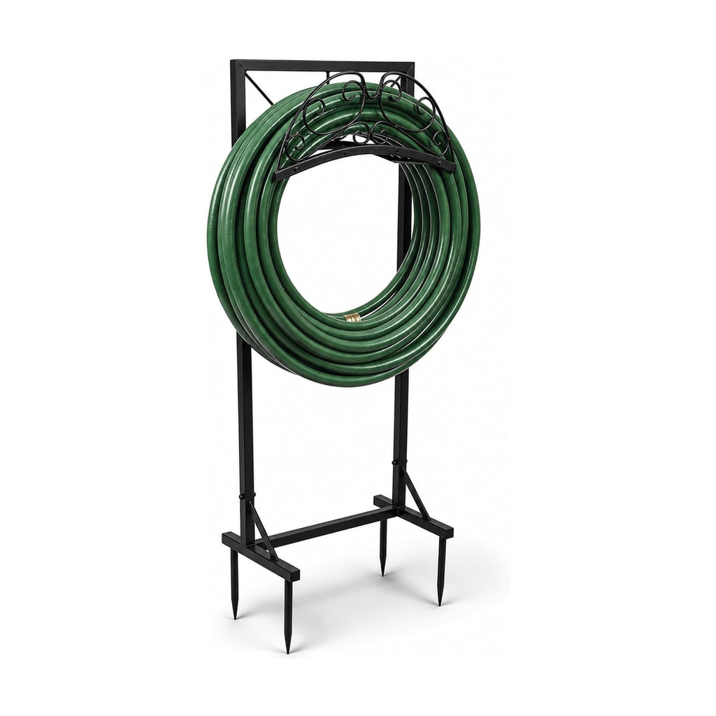 Garden Hose Holder Stand, Heavy Duty Freestanding Metal Rack | Reinforced Triangle Support, Dual Ground Stakes &