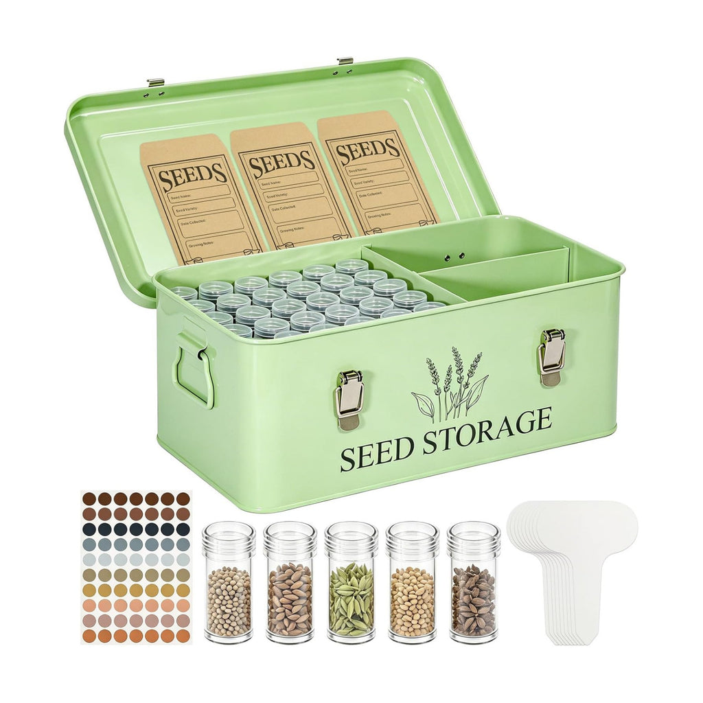 60-Slot Metal Seed Storage Organizer Box, Seed Saving Box | 3 Compartments Organization, 60 Seed Envelopes & Labels