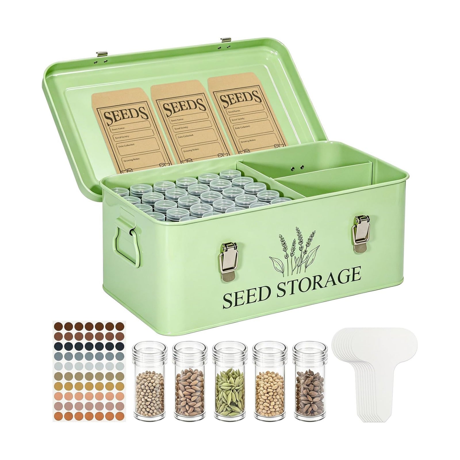 60-Slot Metal Seed Storage Organizer Box, Seed Saving Box | 3 Compartments Organization, 60 Seed Envelopes & Labels