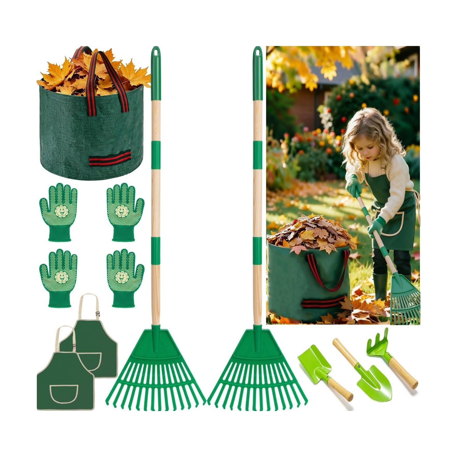 10Pcs Kids Adjustable Garden Leaf Rake Set, with Bag & 3 Hand Tools | 25-34"Adjustable Plastic Rake, Detachable