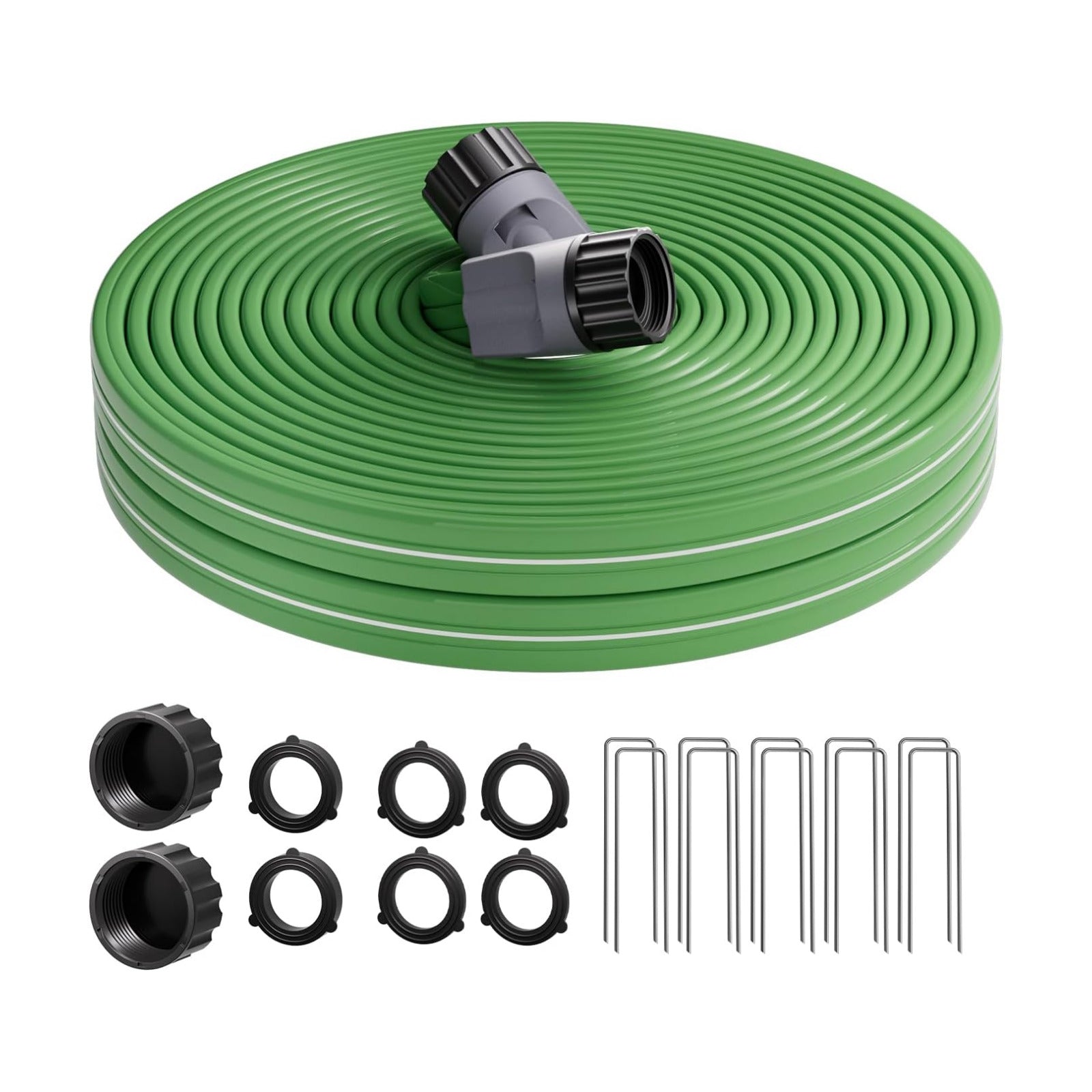 50 FT Soaker Hose for Garden Lawn, Water Saving Sprinkler Hose | Flat Irrigation Hose with 10 Stakes, Multi Directional