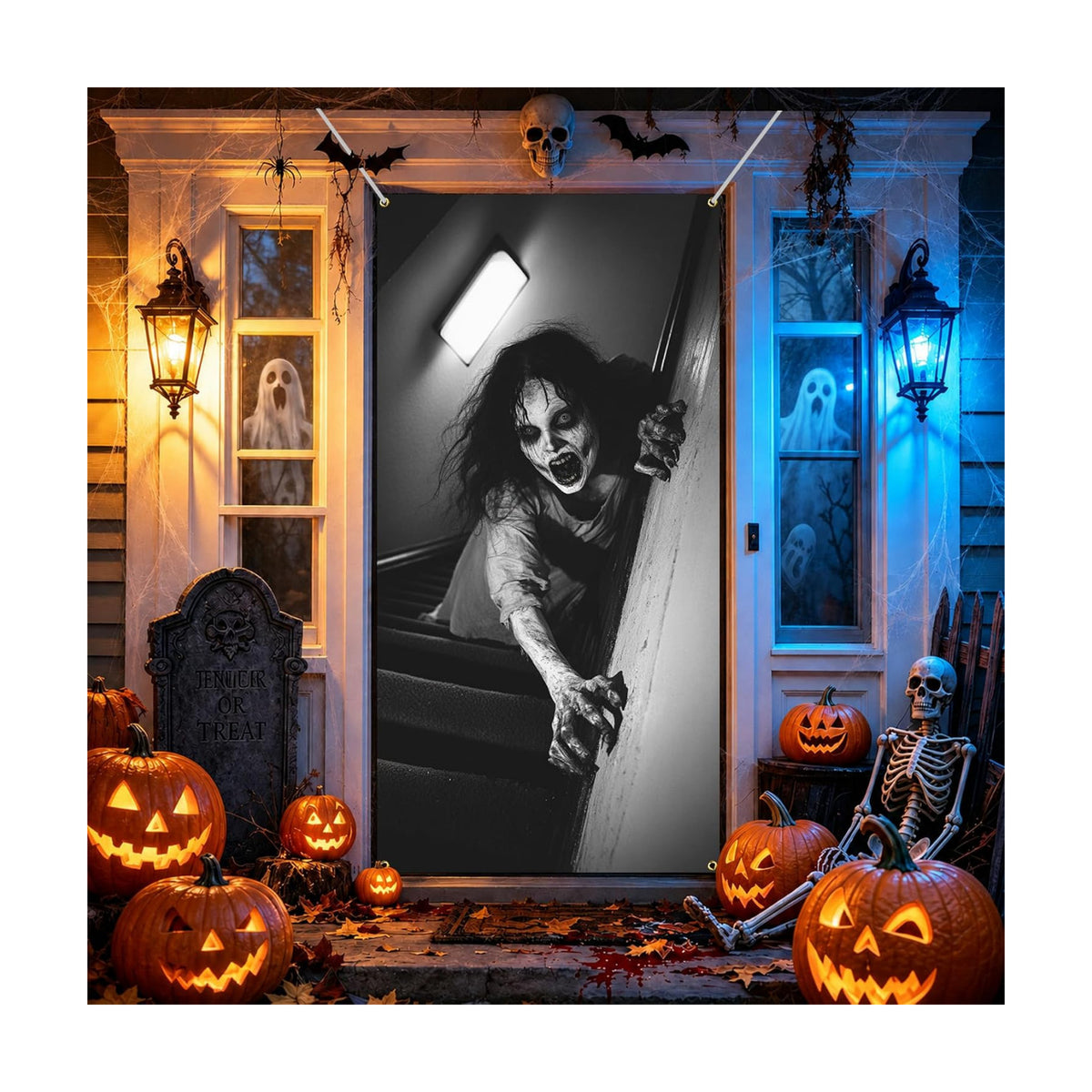 35.4" x 70.8" Halloween Door Cover, Haunted House Front Door Decor