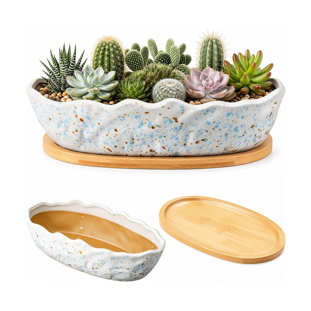 Succulent Planter Pot with Drainage Holes Large Ceramic Glazed Planter with Bamboo Wooden Tray and mesh Pads Shallow