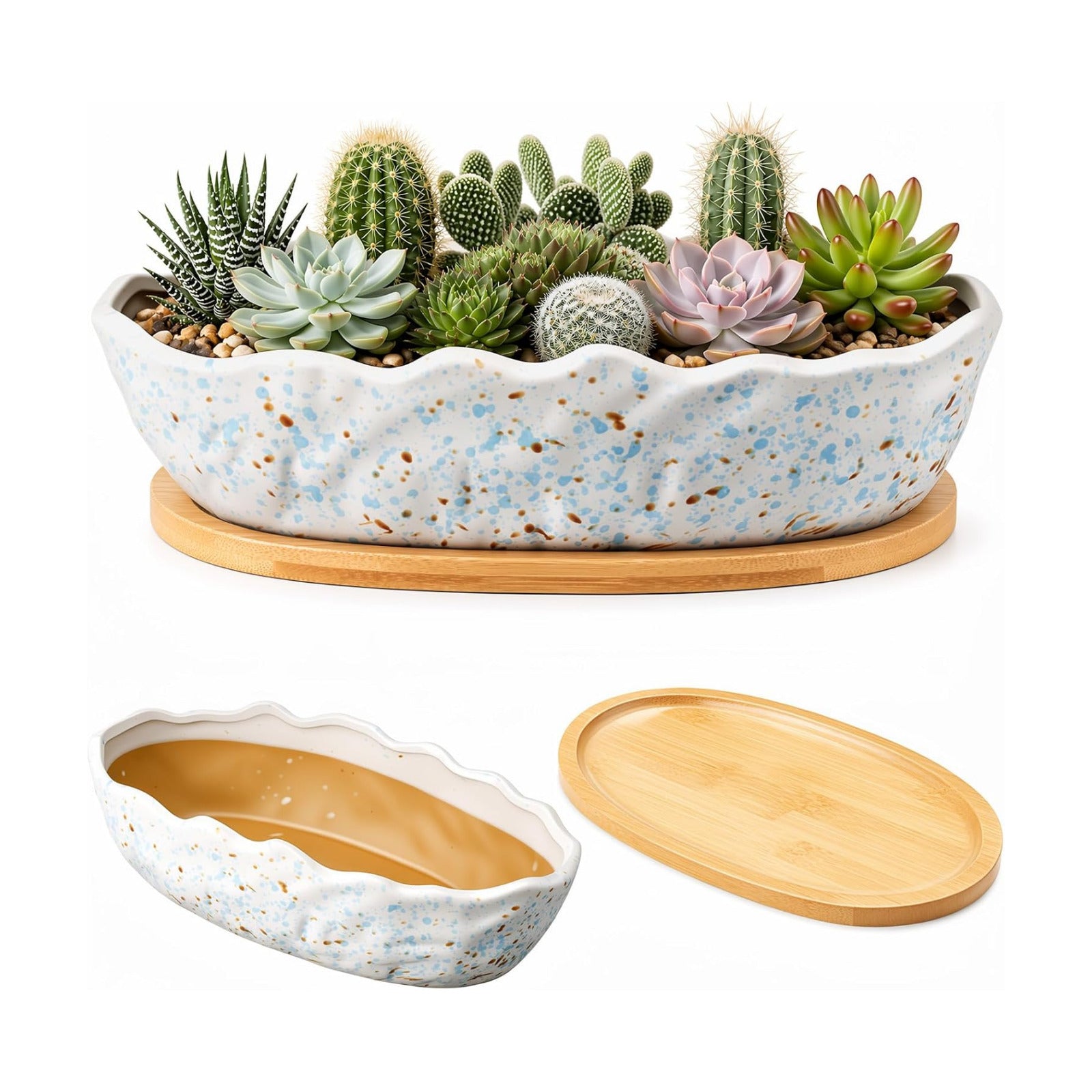 Succulent Planter Pot with Drainage Holes Large Ceramic Glazed Planter with Bamboo Wooden Tray and mesh Pads Shallow