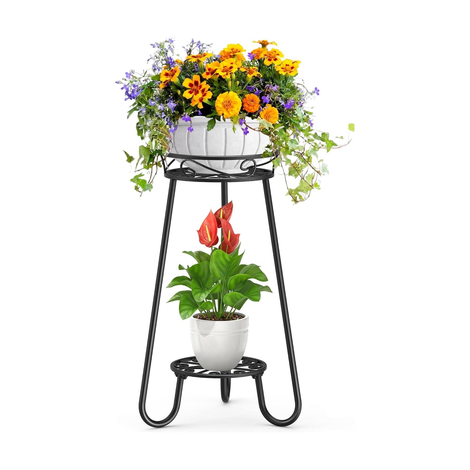 2 Tier 27.2 Inch Tall Corner Plant Stand Indoor Outdoor, Black 3 Leg | Metal Heavy Duty Flower Plant Shelf，Rustproof