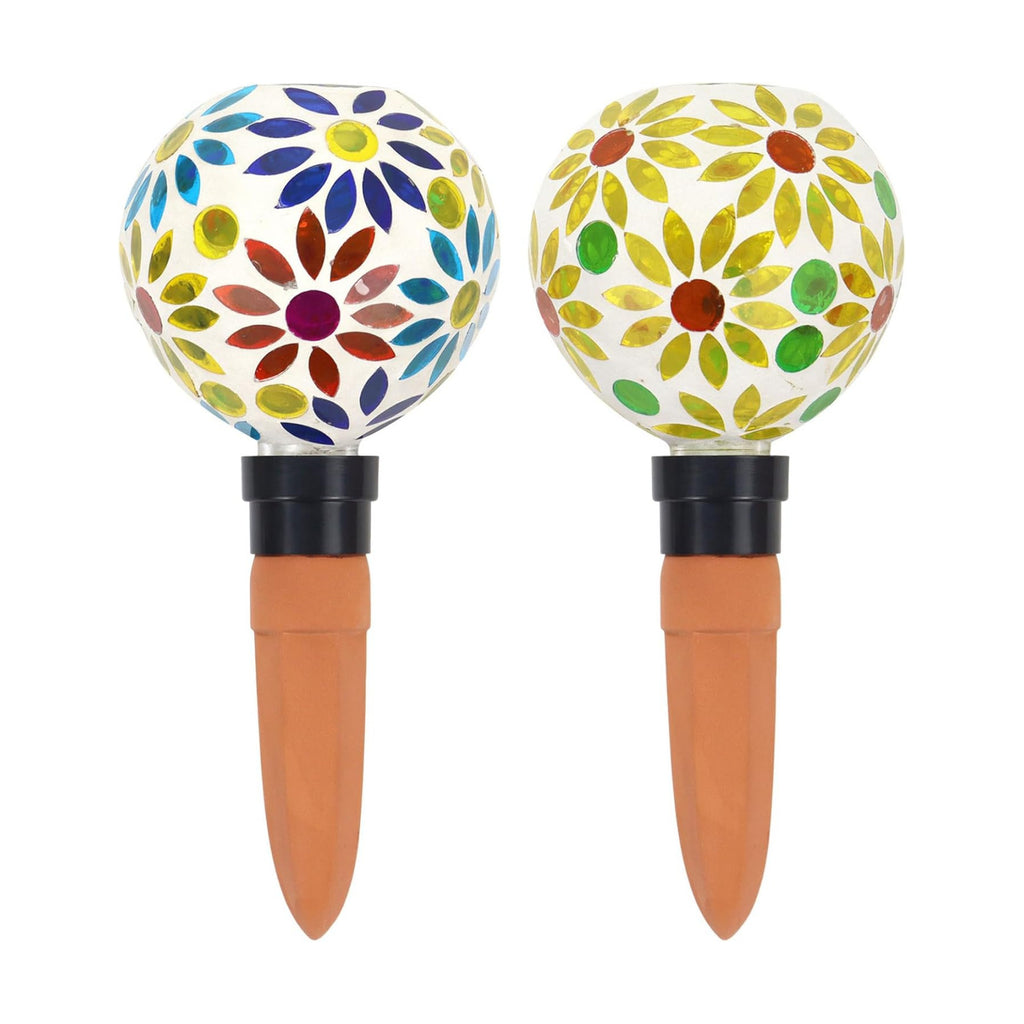 2 PCS Mosaic Plant Watering Globes with Terracotta Watering Spikes, 17oz Glass Self Watering Globes for Indoor &