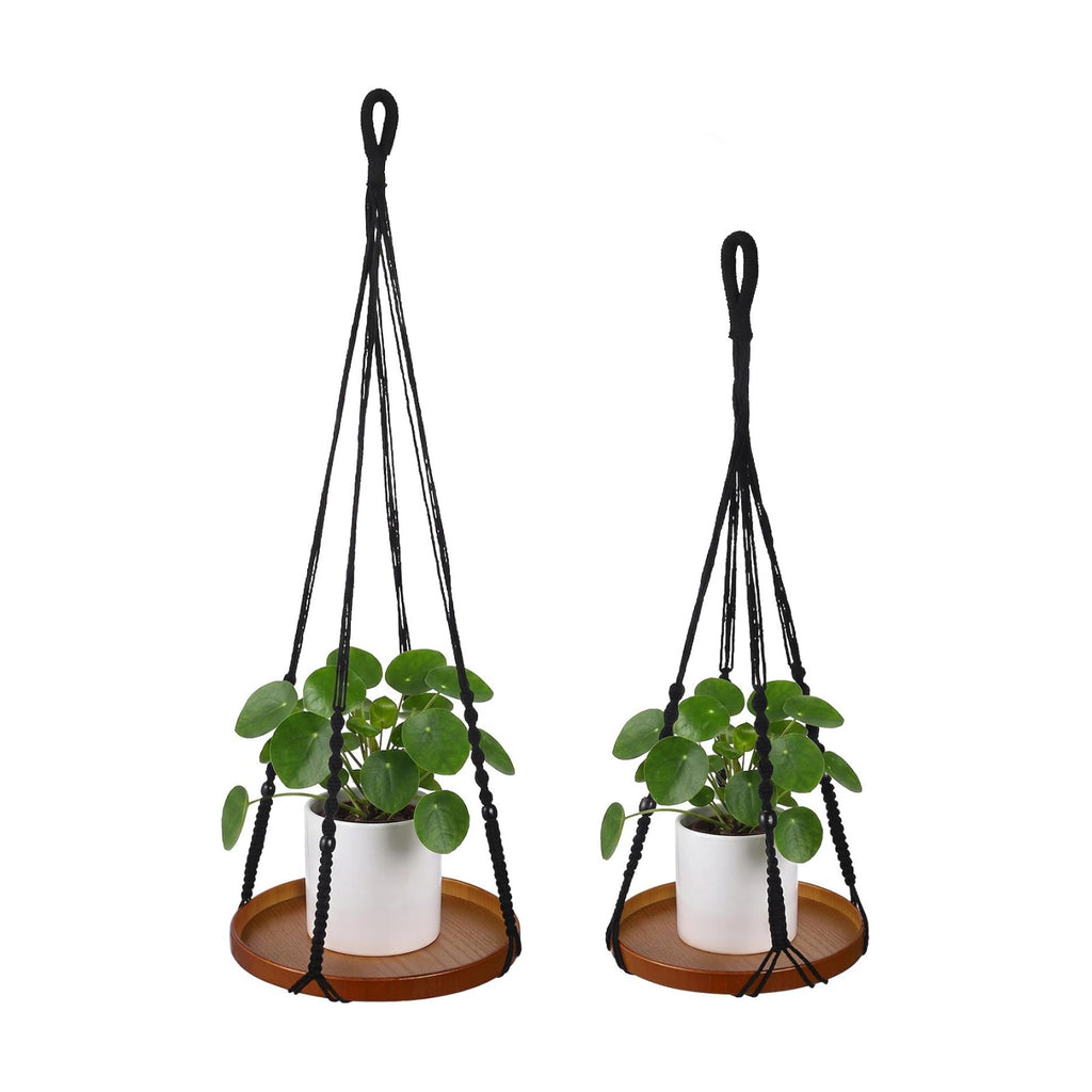 2 Pack Macrame Plant Hanger, 41'' & 32'' Plant Hanger Indoor Set with 12'' & 9.8'' Wood Trays, Bohemian Hanging Planter
