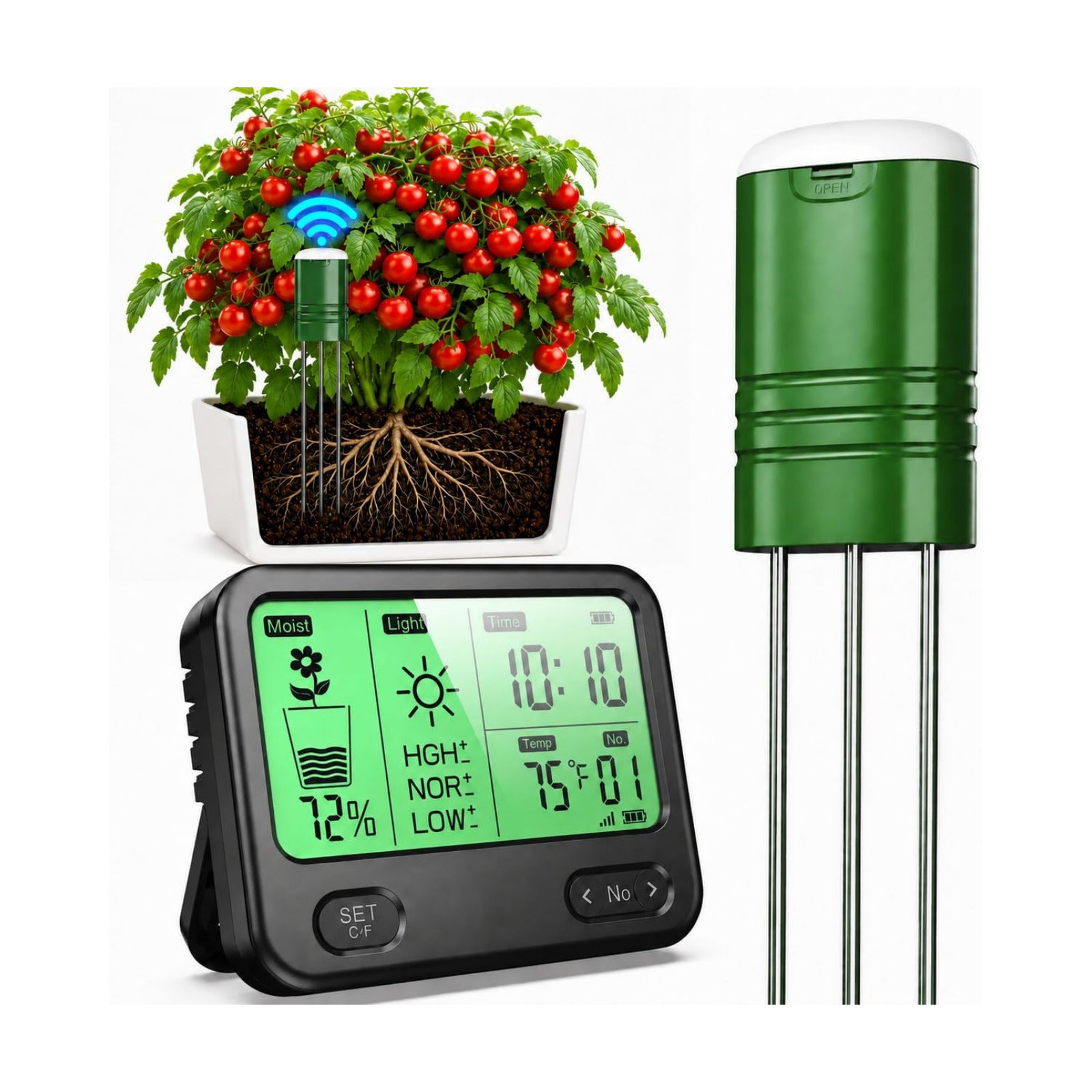 Soil Moisture Meter for Plants,4-in-1 Wireless Soil Tester,Soil Thermometer/Moisture/Sunlight Time,Large