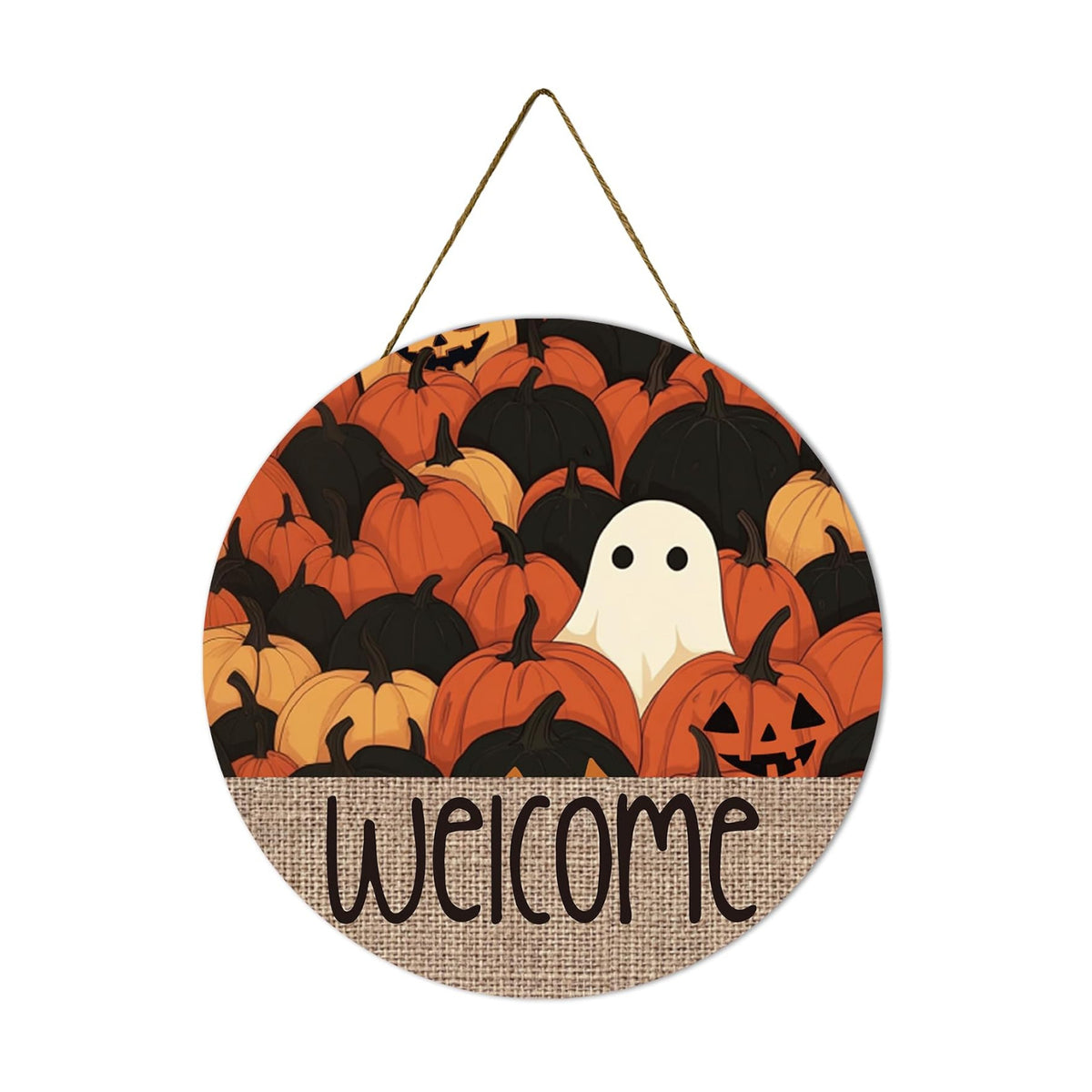 Smile Halloween Wooden Door Hanger with Welcome Ghost and Pumpkin Fall