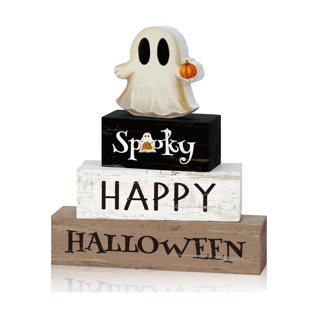 Smile Halloween Wooden Block Decor Set Ghost Pumpkin Spooky Tabletop Signs