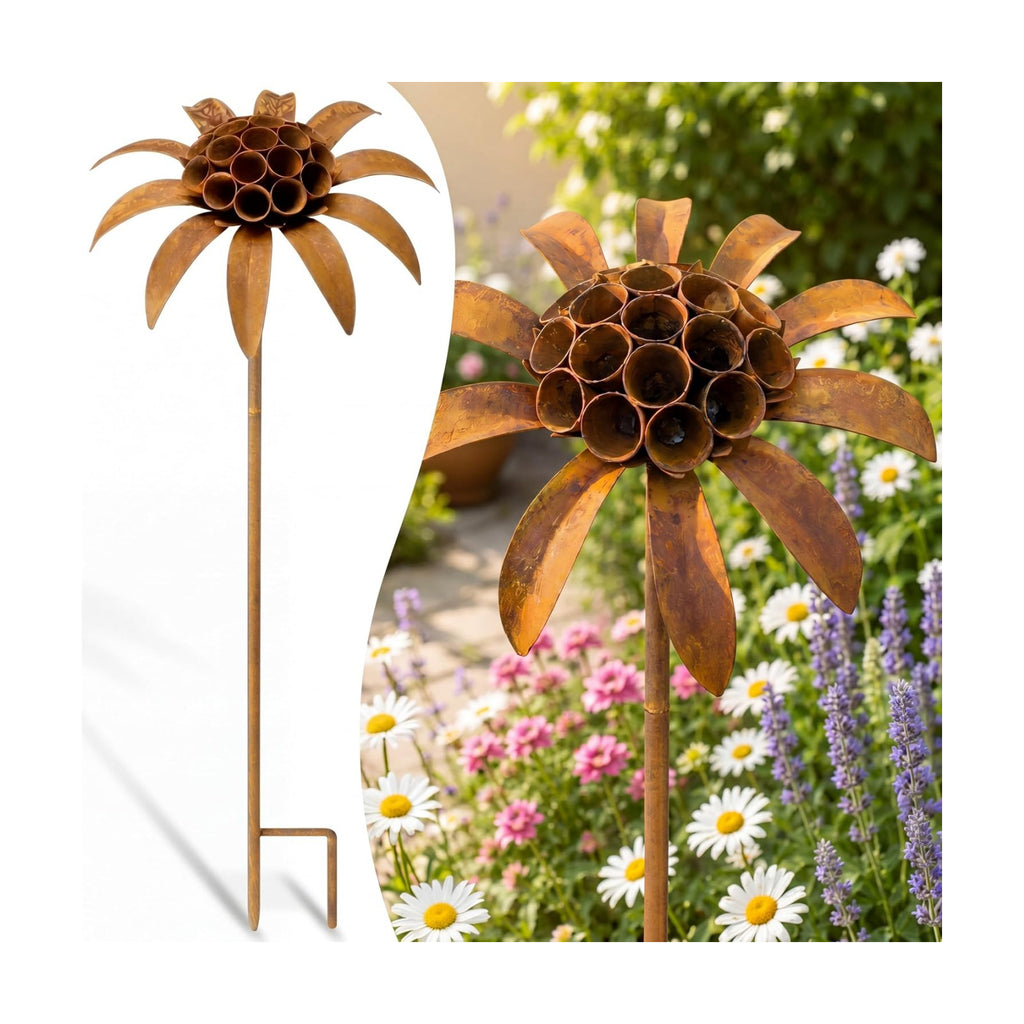 Hicarer 2 Pcs Rusty Metal Flowers for Outside, Rustic Metal Decorative Garden Stakes, Flower Bed Decorations Plant for