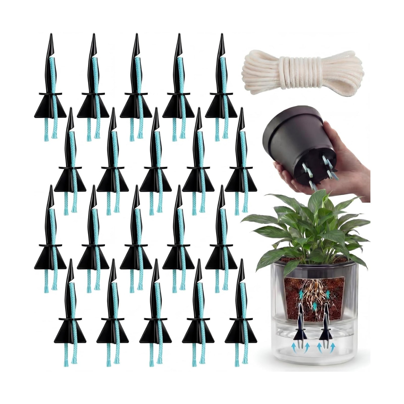 60 Pack Self Watering Spikes for Plants with Wick Rope,Small | 32.8ft Wick String for Potted Plant Pots, Automatic
