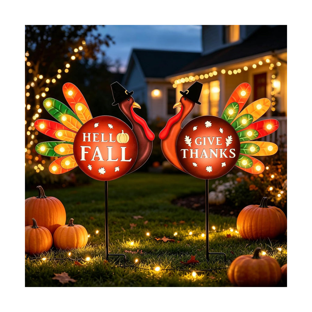 Thanksgiving Turkey Outdoor Decor for Home, 2 Pack | Harvest Fall Outside Decor, Lighted Up Turkey Metal Garden Stakes