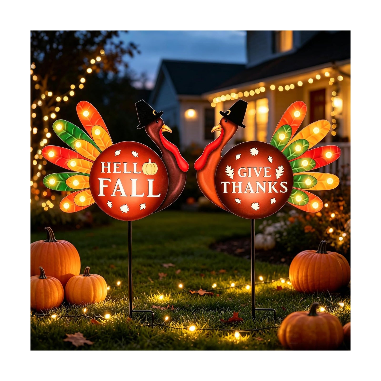 Thanksgiving Turkey Outdoor Decor for Home, 2 Pack | Harvest Fall Outside Decor, Lighted Up Turkey Metal Garden Stakes