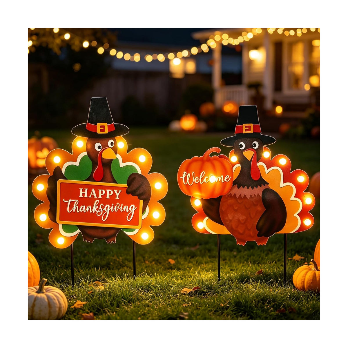 MUMTOP Thanksgiving Turkey Metal Garden Deocr Stake with LED Light Set of 2