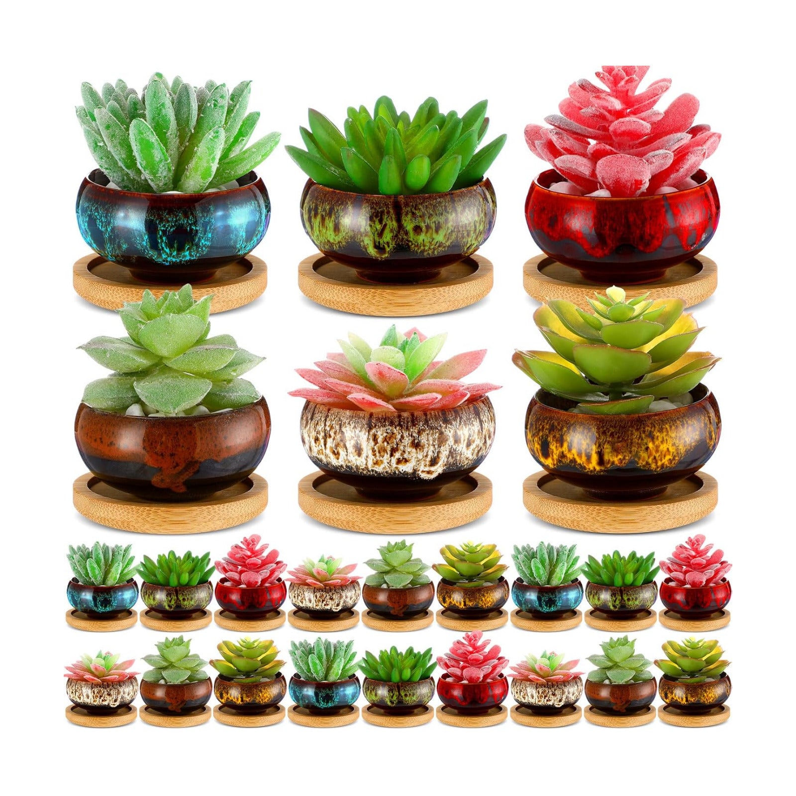 48 Pcs Ceramic Succulent Pots 2.5 Inch Small Plant Pots Indoor with Drainage and Bamboo Saucers Colorful Succulent