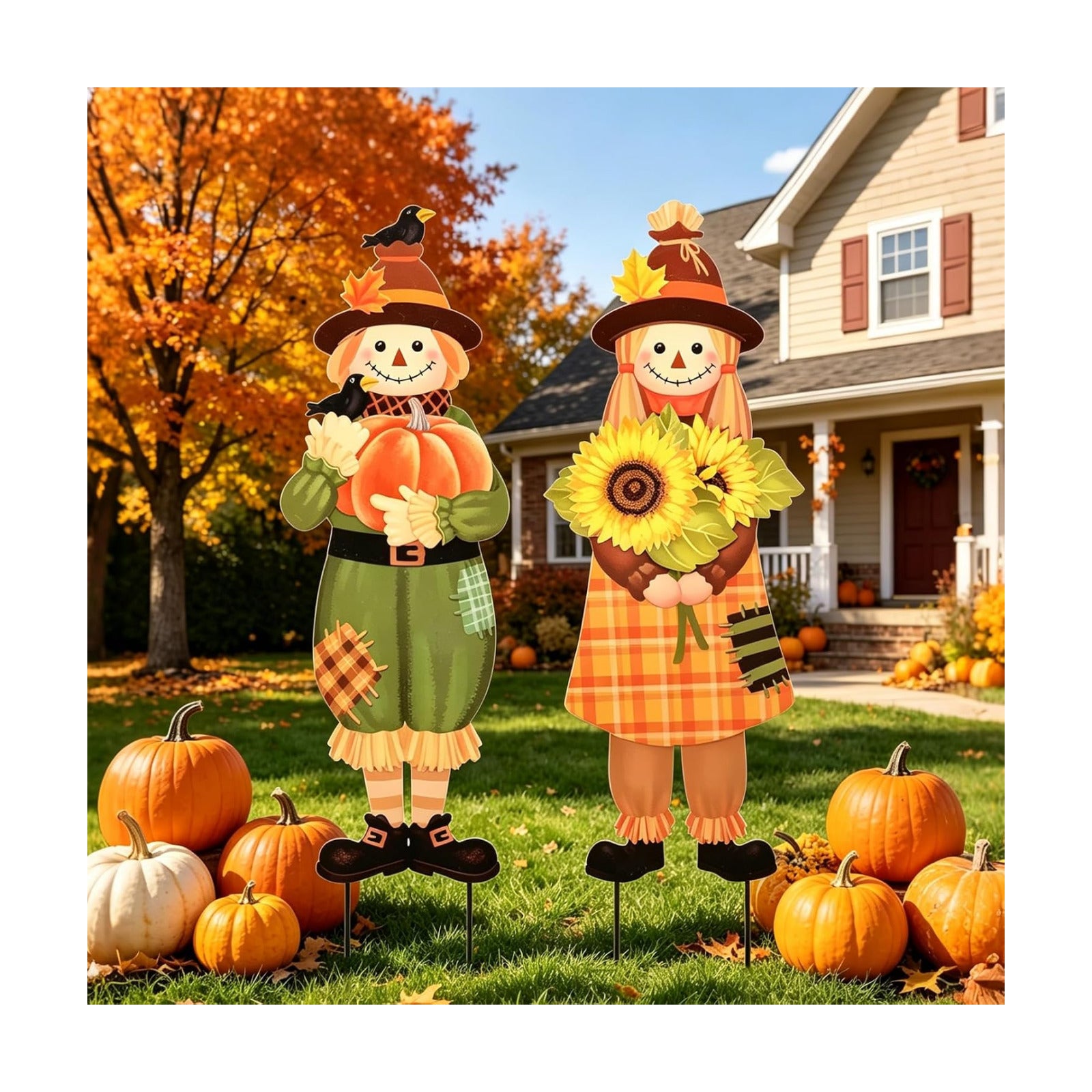 Fall Scarecrow Garden Yard Stake Set of 2,Thanksgiving Outdoor Decor | Weatherproof, Rustic Metal Stake, Fall Harvest