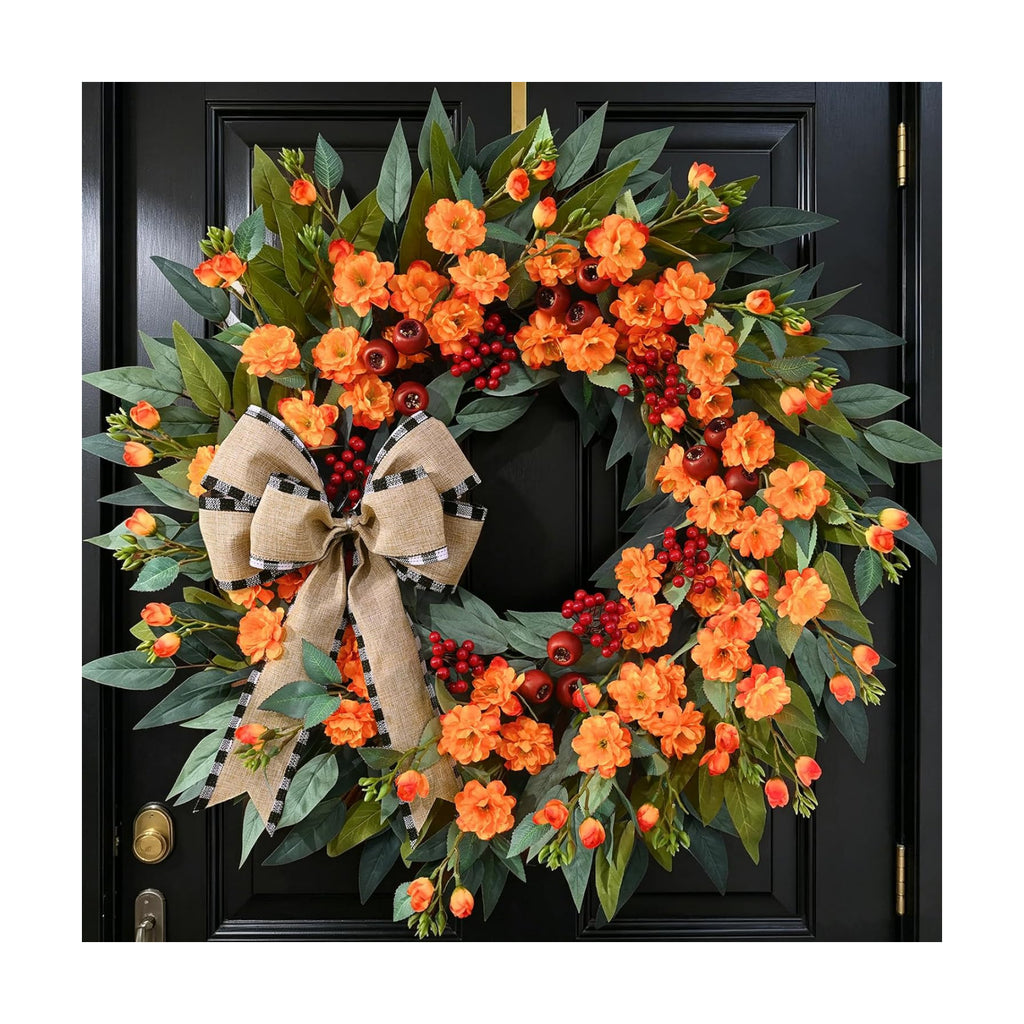 26" Fall Wreaths for Front Door, Fall Wreath with Red Berries & Bow