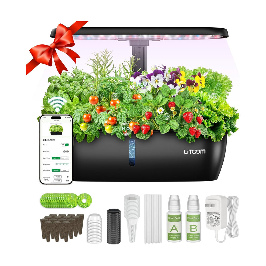 litokam Hydroponics Growing System Kit, 15 Pods Indoor Herb Garden with Smart APP & Quiet Pump, 24W LED Light, Auto