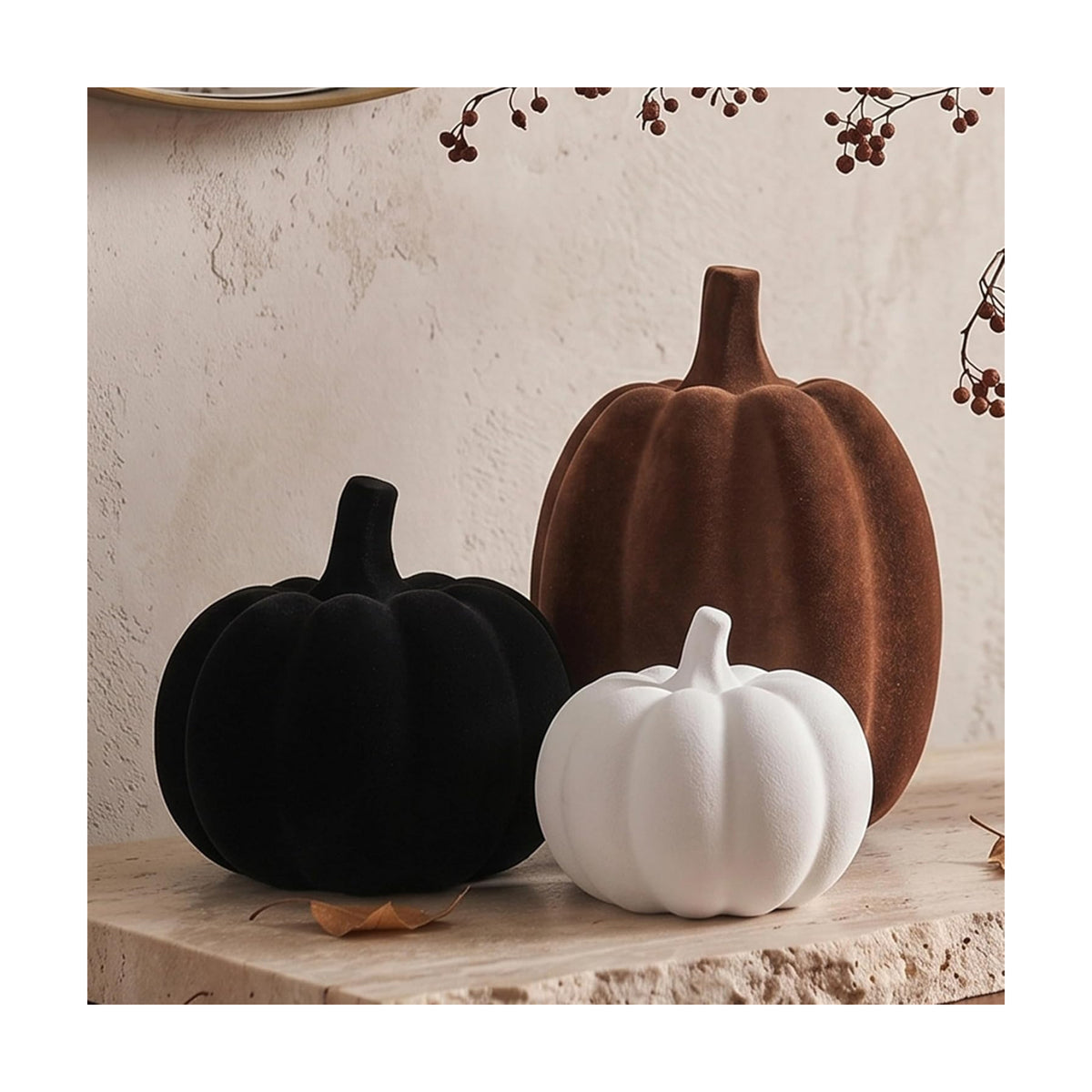 White Black Brown Flocked Pumpkins, Resin Pumpkin Modern Thanksgiving Decor