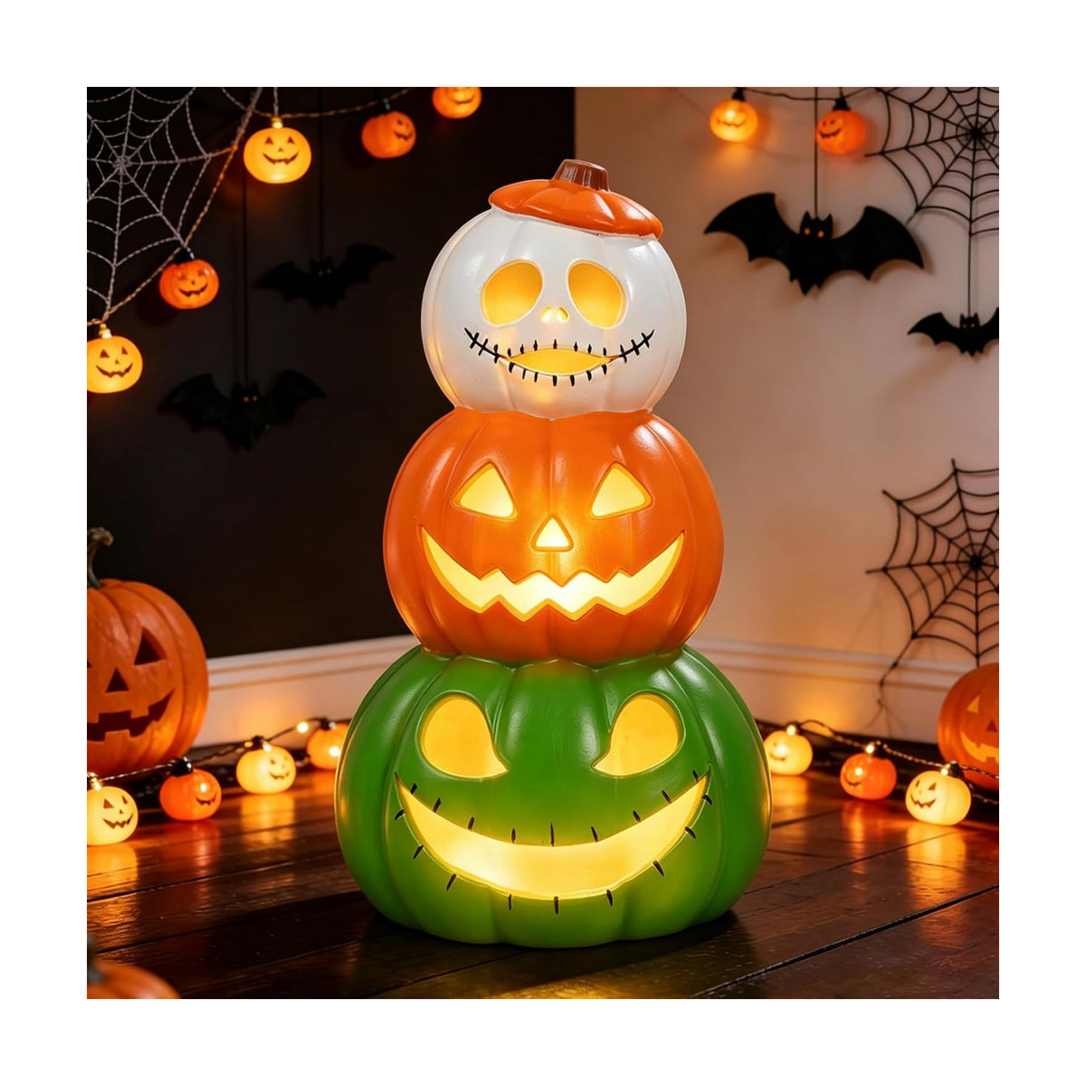 14" Halloween Jack O Lantern Light Up, 3 Tier Stacked Pumpkin Figurine