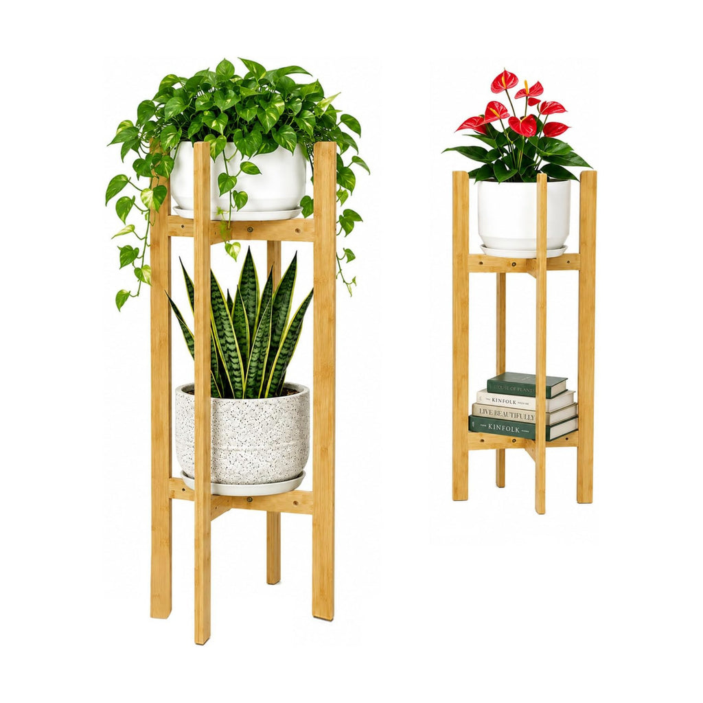 35.4” 2 Tier Bamboo Adjustable Tall Plant Stand Indoor Fits 5-12 Inch Pots | Heavy Duty ,Space-Saving ,Sturdy Corner
