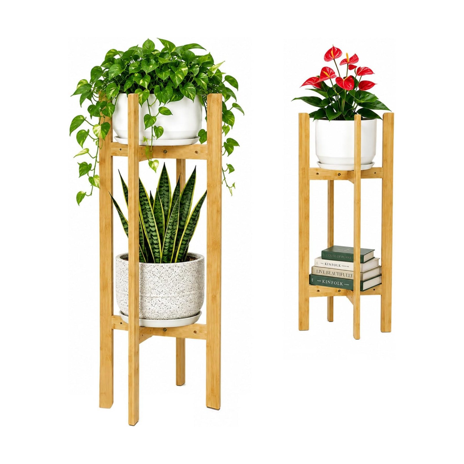 35.4” 2 Tier Bamboo Adjustable Tall Plant Stand Indoor Fits 5-12 Inch Pots | Heavy Duty ,Space-Saving ,Sturdy Corner