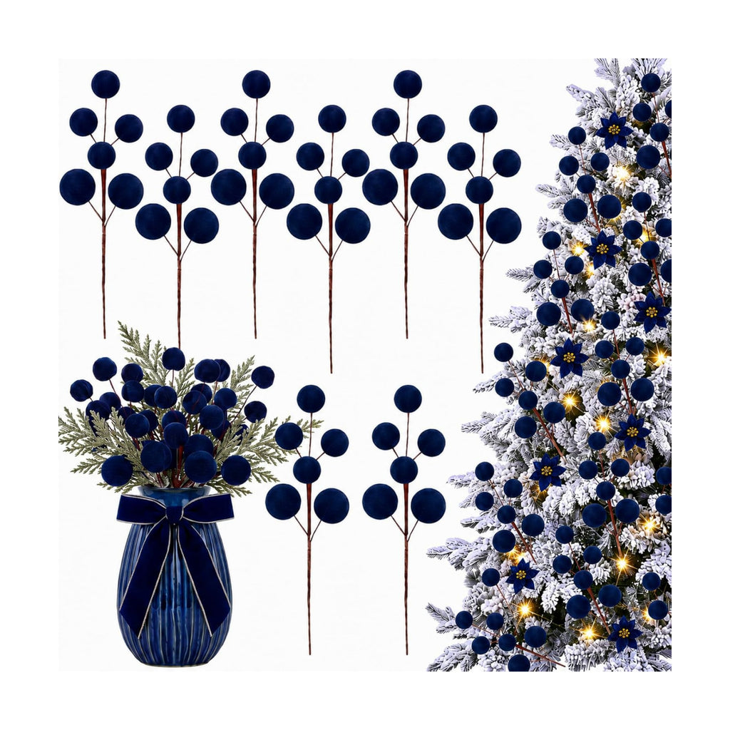Suncalla 8 Pcs Velvet Christmas Tree Picks, Foggy Blue Ornament Stems