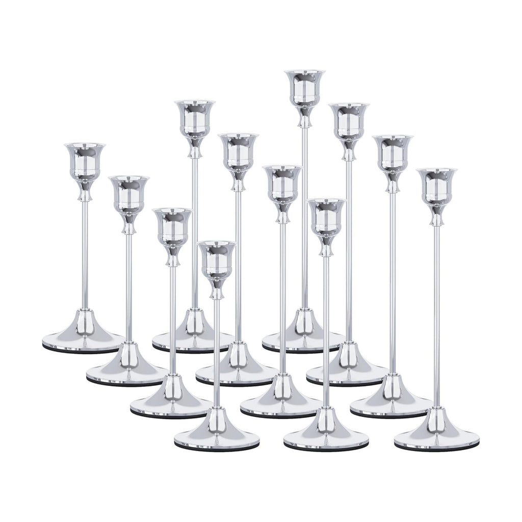 NLBTW 12 Pcs Silver Taper Candle Holder Bulks for Wedding Party Table Decor