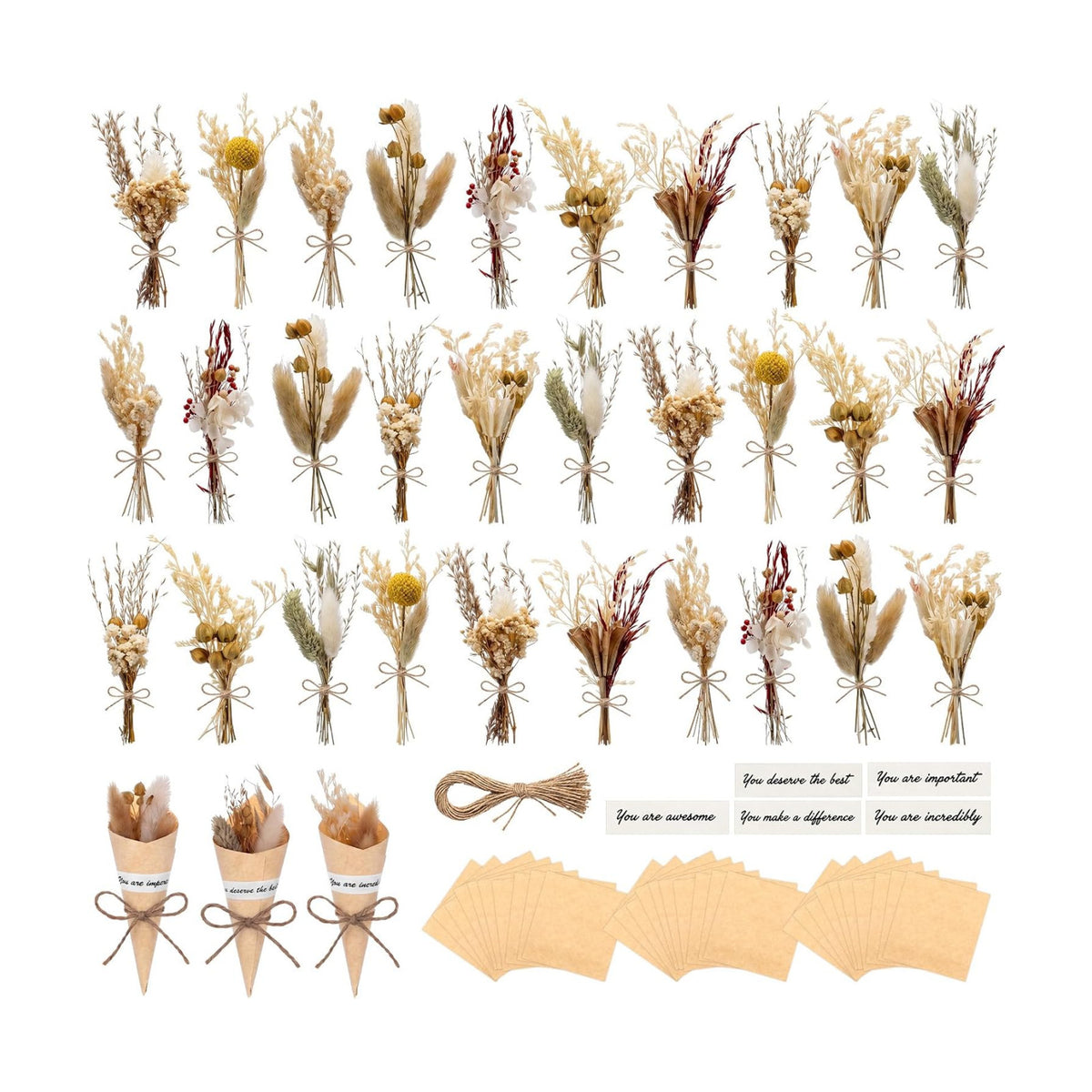 30 Set Mini Dried Flower Bouquet for Craft with Stem, Pampas