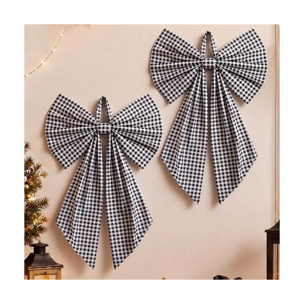 Suncalla 2 Pcs Black White Christmas Gingham Wreath Bows 18'' x 12''