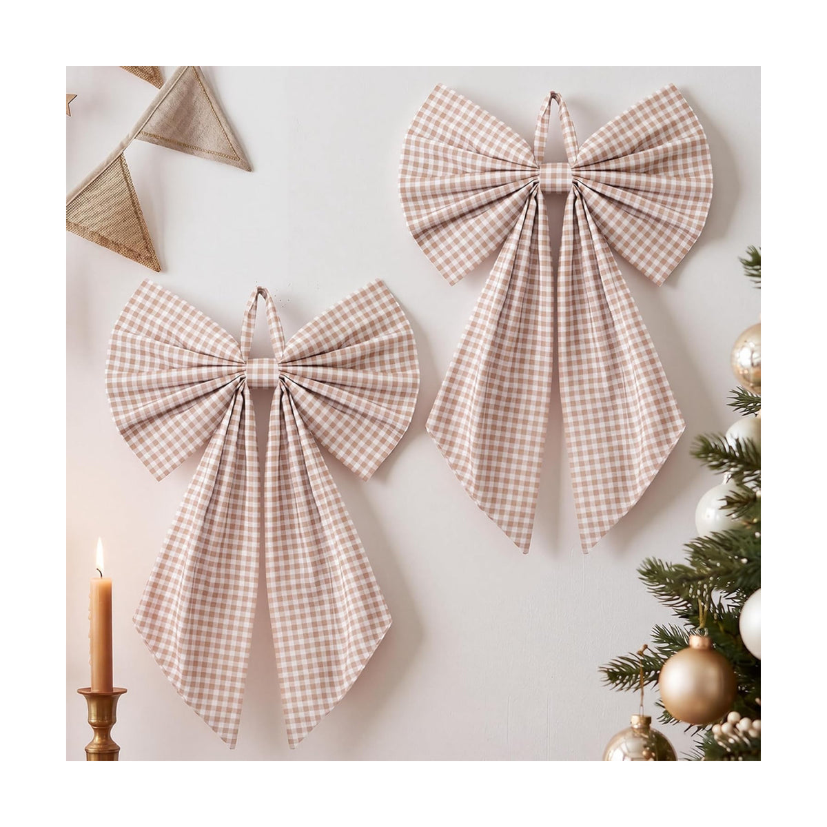 Suncalla 2 Pcs Khaki Christmas Gingham Wreath Bows 18'' x 12''